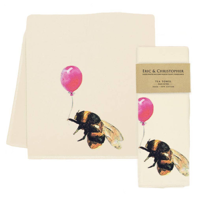 Eric & Christopher - Bee with Balloon Tea Towel featuring a watercolor bumblebee holding a pink balloon, made from 100% pre-shrunk cotton, perfect for kitchen decor.