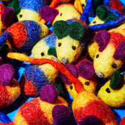 Ware of the Dog - Wool Mouse Cat Toy: Yellow/Red, hand-felted wool mice with catnip, small round ears, and bead eyes, offering a playful addition to your home.