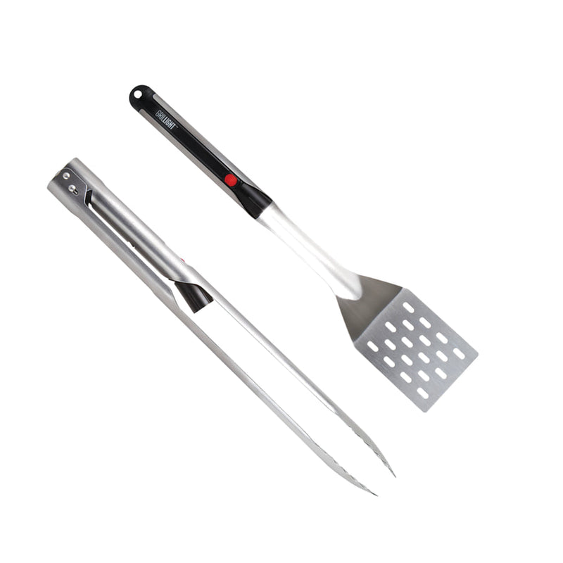 GrilLight | Gift Set - 2 Piece Spatula + Tongs, featuring LED-lit stainless steel utensils for perfect evening grilling. Ideal for barbecue enthusiasts and gifting.