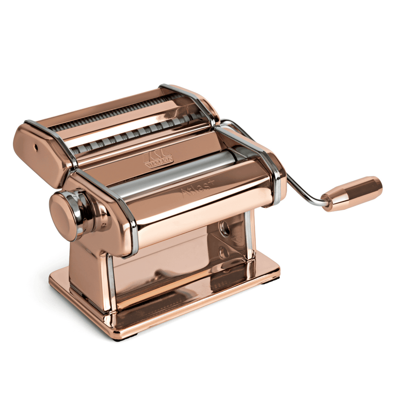 Marcato | Atlas 150 Plus Pasta Machine, Copper: Hand-cranked, adjustable rollers, removable double cutter for lasagne, fettuccine, spaghetti; crafted in Italy for consistent pasta sheets.