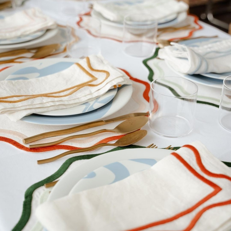 Misette | Colorblock Embroidered Linen Napkins, Dark Blue