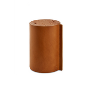 Wusthof | Villa 6-Piece Knife Block Set: Cylindrical block with wooden top, leather-wrapped body, holds six knives, complements olive wood handles, non-slip beechwood base.