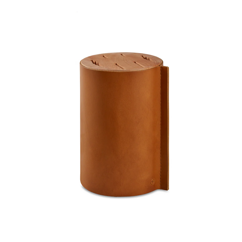 Wusthof | Villa 6-Piece Knife Block Set: Cylindrical block with wooden top, leather-wrapped body, holds six knives, complements olive wood handles, non-slip beechwood base.