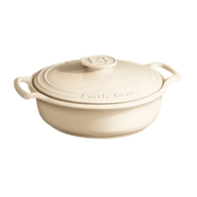 Emile Henry | SUBLIME 4 Qt. Braiser, Crème: A cream ceramic casserole pot with lid and handles, ideal for versatile, healthy cooking on any heat source.