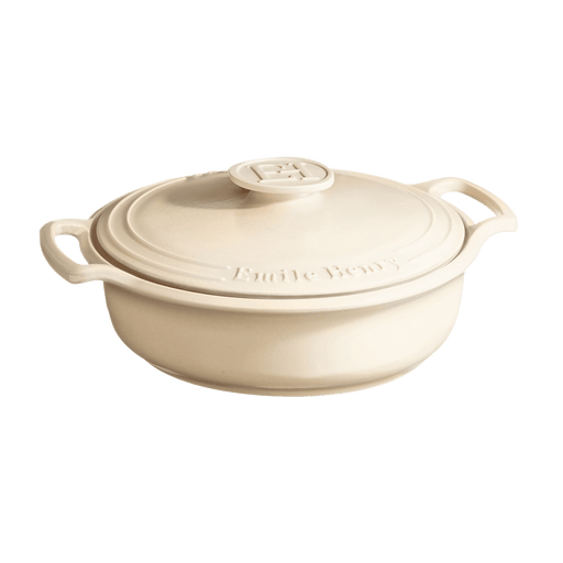 Emile Henry | SUBLIME 4 Qt. Braiser, Crème: A cream ceramic casserole pot with lid and handles, ideal for versatile, healthy cooking on any heat source.