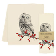 Eric & Christopher - Winter Owl Tea Towel, featuring a detailed owl illustration on cotton, displayed flat and folded with a kraft-paper label, 28 x 28, made in Bucks County, PA.