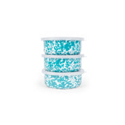 Crow Canyon Home - Splatter Enamelware 3-pc Storage Bowl Set: Blue Splatter, featuring stackable design with turquoise enamel pattern, perfect for entertaining with style.