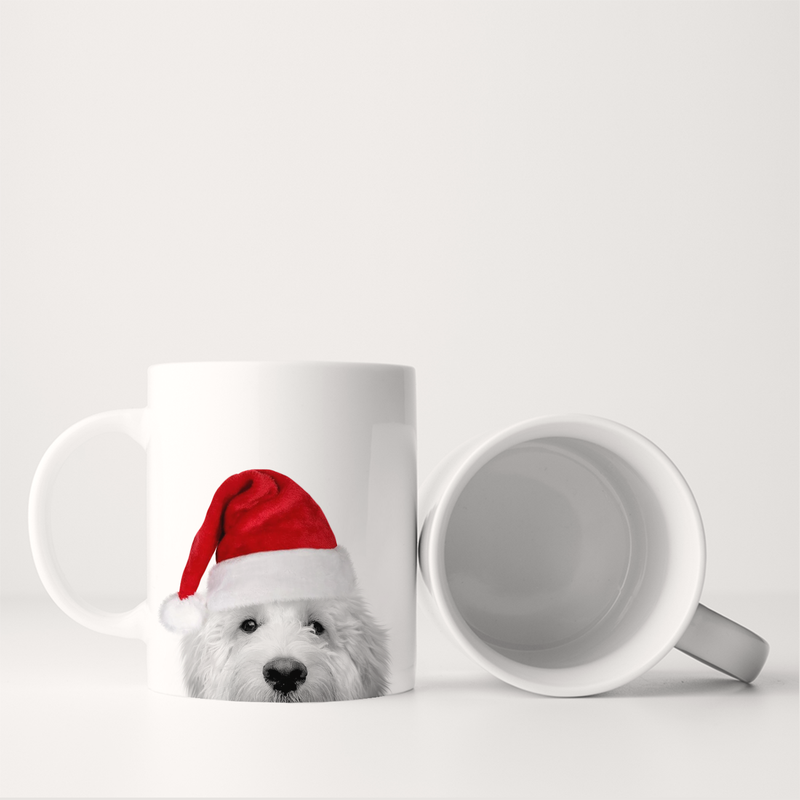 Perkie Prints - Santa Hat Doodle 1 (Light) Mug featuring a Doodle dog in a Santa hat, perfect for festive mornings, shown upright with another mug on its side.