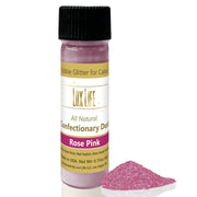 Lux Life Natural Edible Luster Dust: Super Gold bottle with black cap, showcasing pink powder for enhancing culinary creations with a shimmering finish.