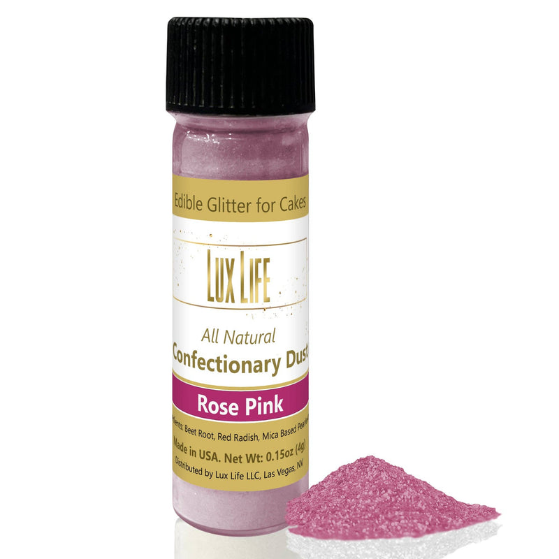 Lux Life Natural Edible Luster Dust: Super Gold bottle with black cap, showcasing pink powder for enhancing culinary creations with a shimmering finish.