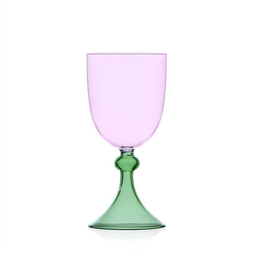 Ichendorf Tamigi Goblet, Pink/Green, 10.1 oz: A handblown, pink-to-green glass chalice with a rounded stem, epitomizing elegance and artisan craftsmanship for sophisticated dining experiences.
