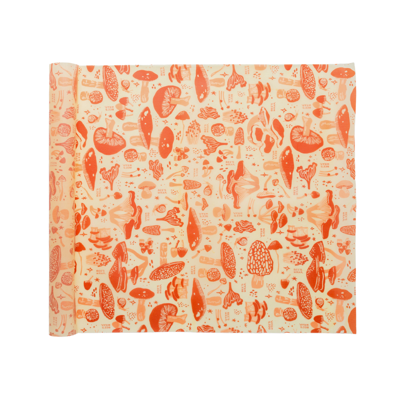 Bee's Wrap - Cut-to-Size Roll - Mushroom Magic, Limited Edition Print: A versatile beeswax food wrap with stylized mushroom illustrations, customizable to fit various kitchen needs.