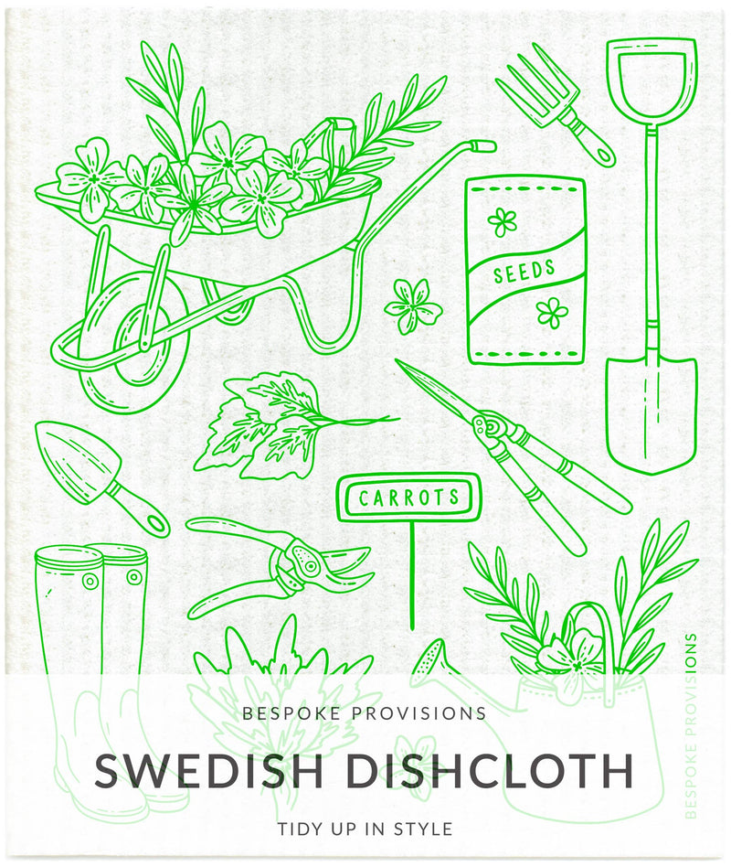 Bespoke Provisions - Gardening Swedish Dishcloth features a green line drawing of a wheelbarrow and gardening tools, ideal for eco-friendly cleaning tasks.