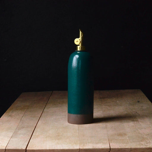 Rose Line Pottery - Oil Bottle - Forest Teal Green, 22 oz, with brass spray head, handcrafted from stoneware, ideal for olive oil, vinegar, or syrup storage.