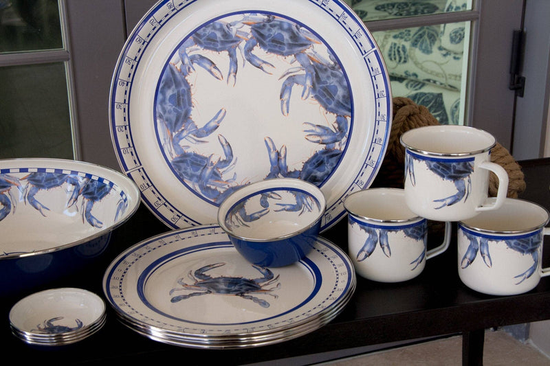 Golden Rabbit Home - Blue Crab Serving Basin, a 4 qt enamelware bowl with crab design, ideal for stylish meal presentations, featuring a durable porcelain enamel finish.