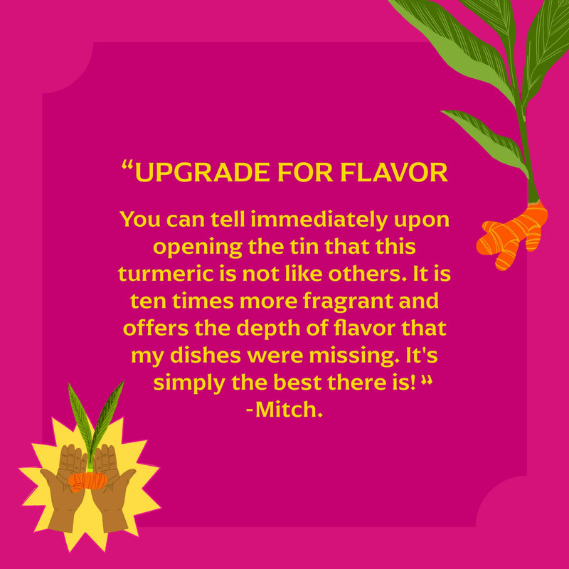Diaspora Co. Spices - Pragati Turmeric: 185g Chef Tin displayed with a leafy plant and carrot, showcasing its organic farming heritage.