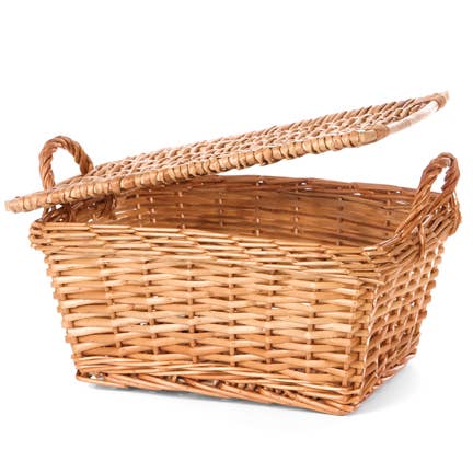 Willow Group - RECT BUFF WILLOW LIDDED TUB SH: A rectangular woven wicker basket with a hinged lid, ideal for rustic home storage.