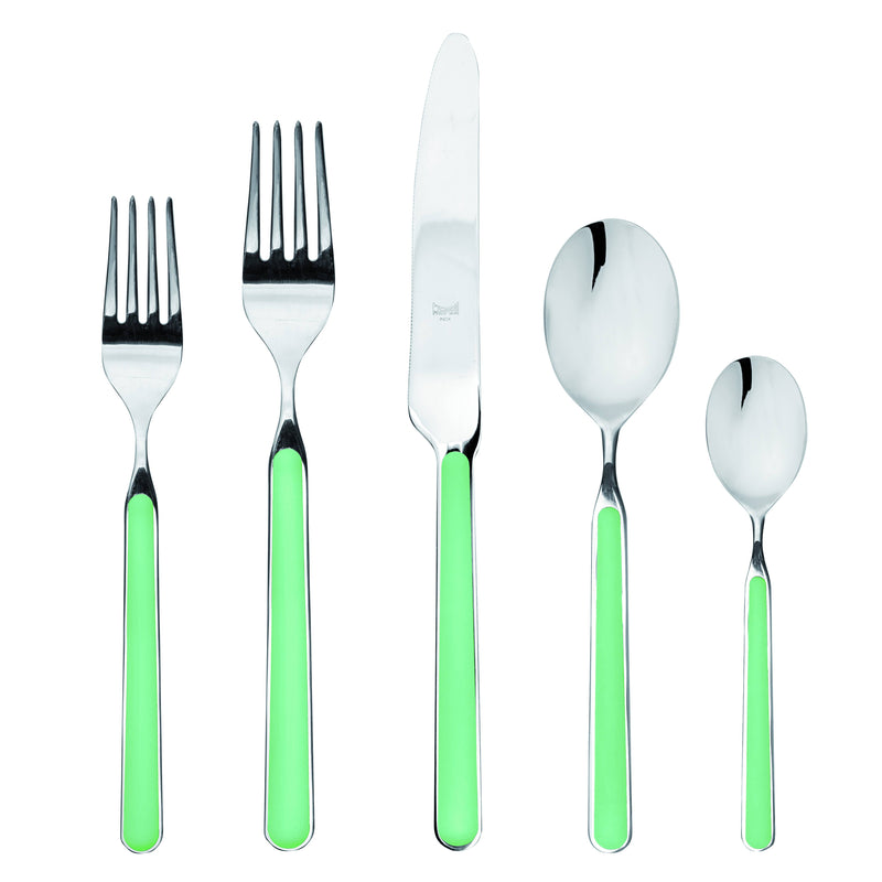 Mepra SPA - Place Set 5 Pcs Fantasia: Cobalt features a durable, elegant silverware set with green handles, crafted from high-quality stainless steel and nylon fiberglass.