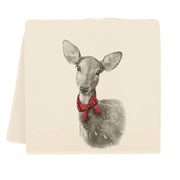 Eric & Christopher - Fawn with Bow Tea Towel featuring a pencil-style sketch of a deer with a red bow, on a cream-colored cotton fabric.
