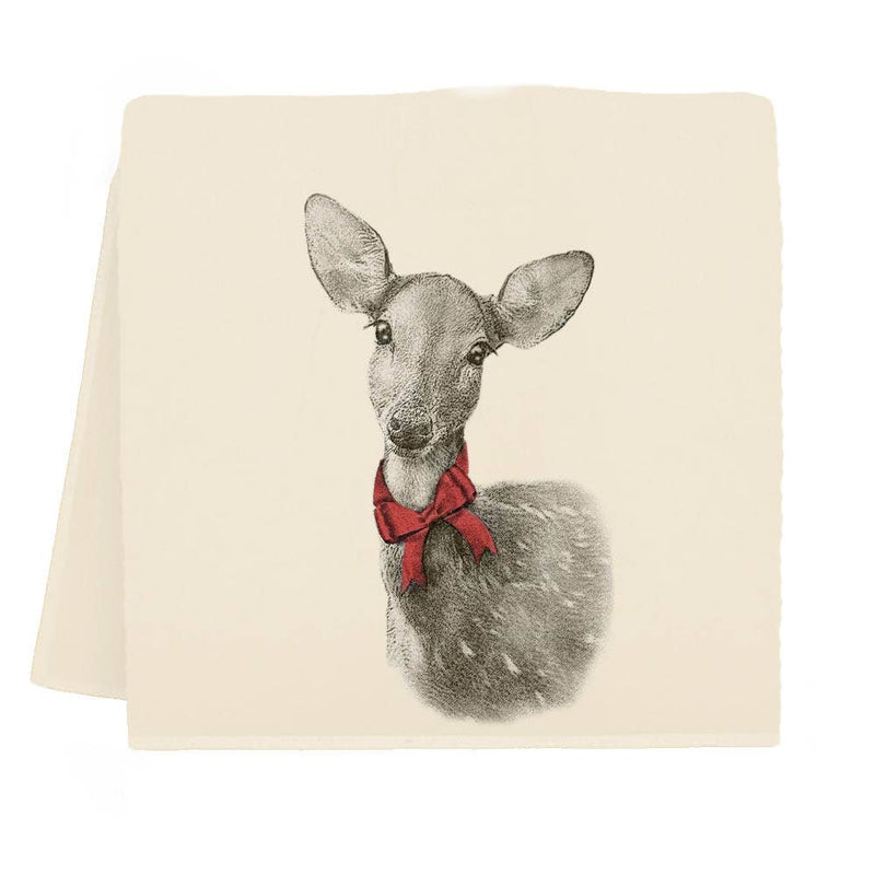 Eric & Christopher - Fawn with Bow Tea Towel featuring a pencil-style sketch of a deer with a red bow, on a cream-colored cotton fabric.