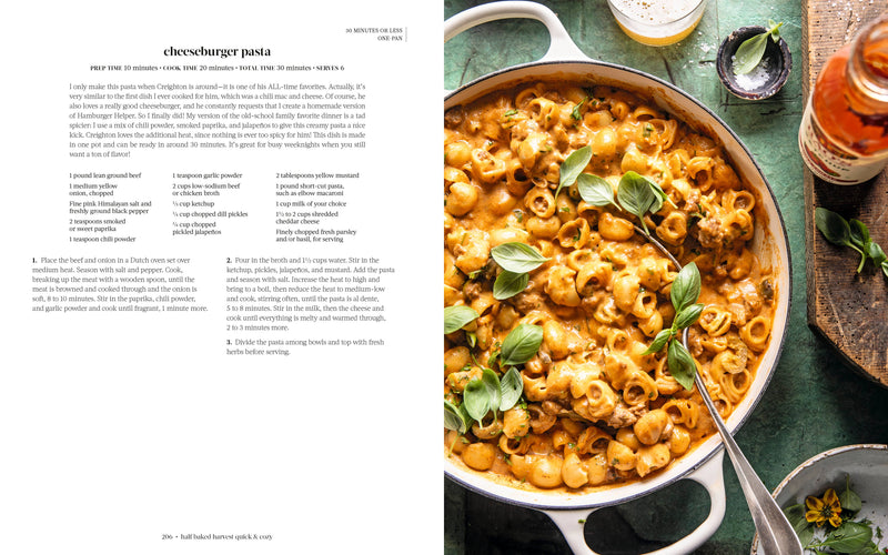 Penguin Random House LLC - Half Baked Harvest Quick & Coz cookbook featuring cheeseburger pasta recipe, ingredients, and a photo of the finished dish in a skillet.