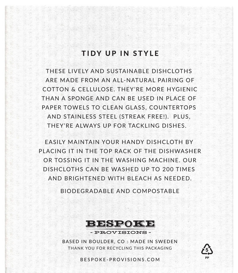 Bespoke Provisions - Gardening Swedish Dishcloth with a white label detailing care instructions for dishwasher or washing machine cleaning.