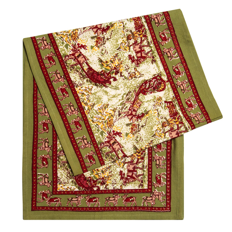 Couleur Nature - Renne Reindeer Red & Green Runner: 16 x 90, featuring a pastoral equestrian scene with stylized cows and a deep-red border, handprinted on high-quality linen.