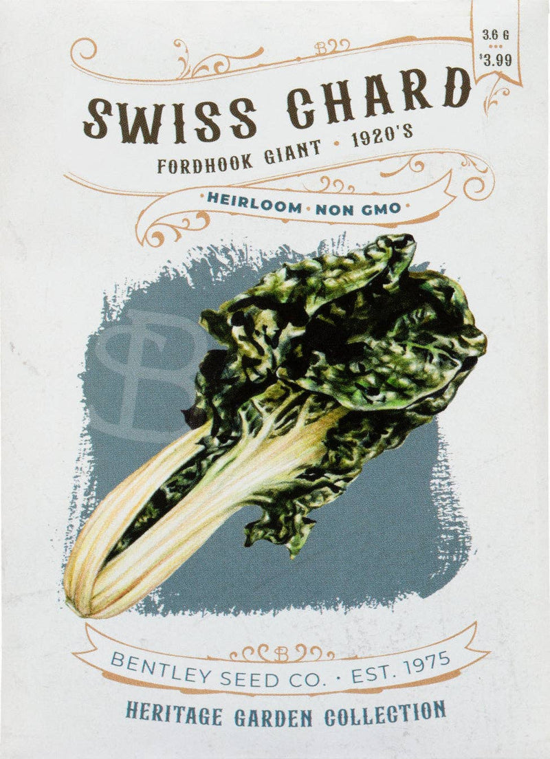 Bentley Seed Co. - Swiss Chard-Fordhook Giant 1920's seed packet with painted Swiss chard illustration, 3.6g, $3.99, heirloom, non-GMO, ideal for cooking and gardening.
