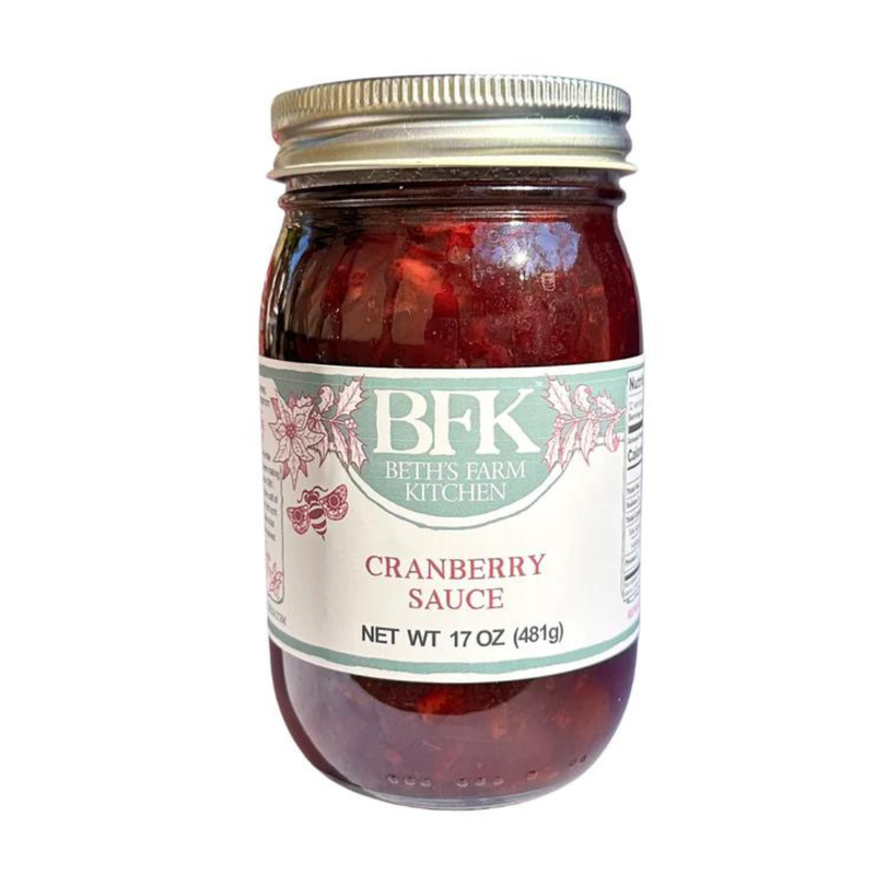 Beth's Farm Kitchen - Cranberry Sauce - Low Sugar! 17-ounce jar with natural ingredients, perfect for New England flavors. Vegan, gluten-free, ideal for Athens Cooks' specialty food selection.