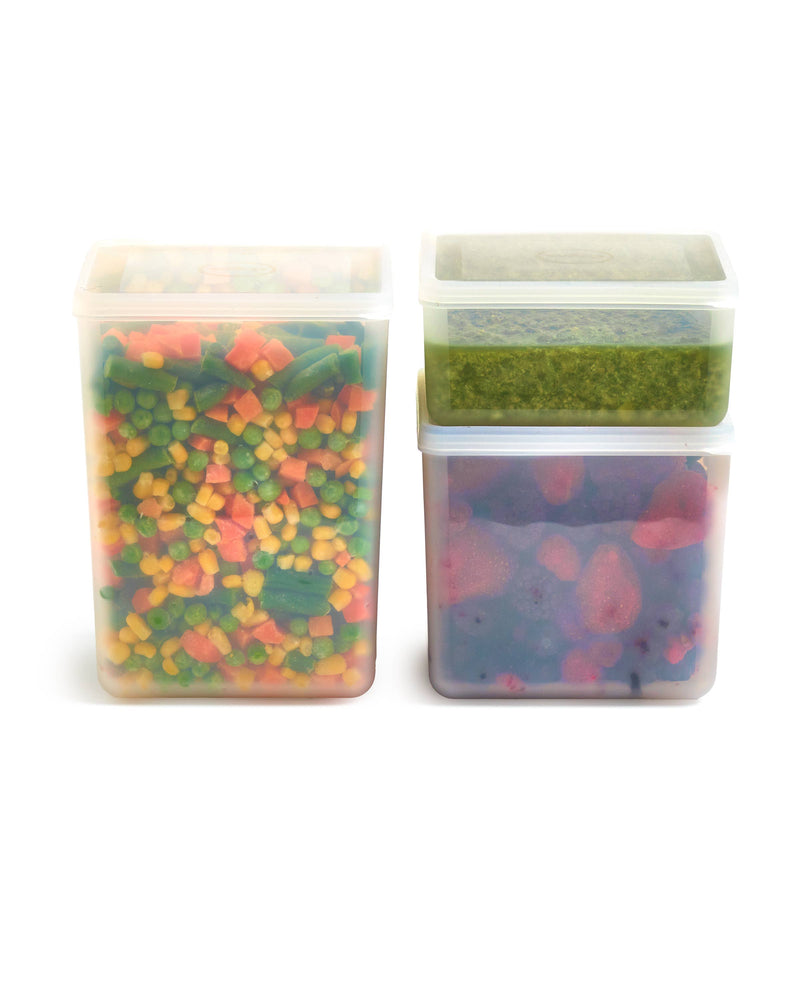 W&P - Freezer Cube Storage Containers: Set of 3 in sizes Small, Medium, Large, shown with food, featuring stackable design for efficient freezer use.