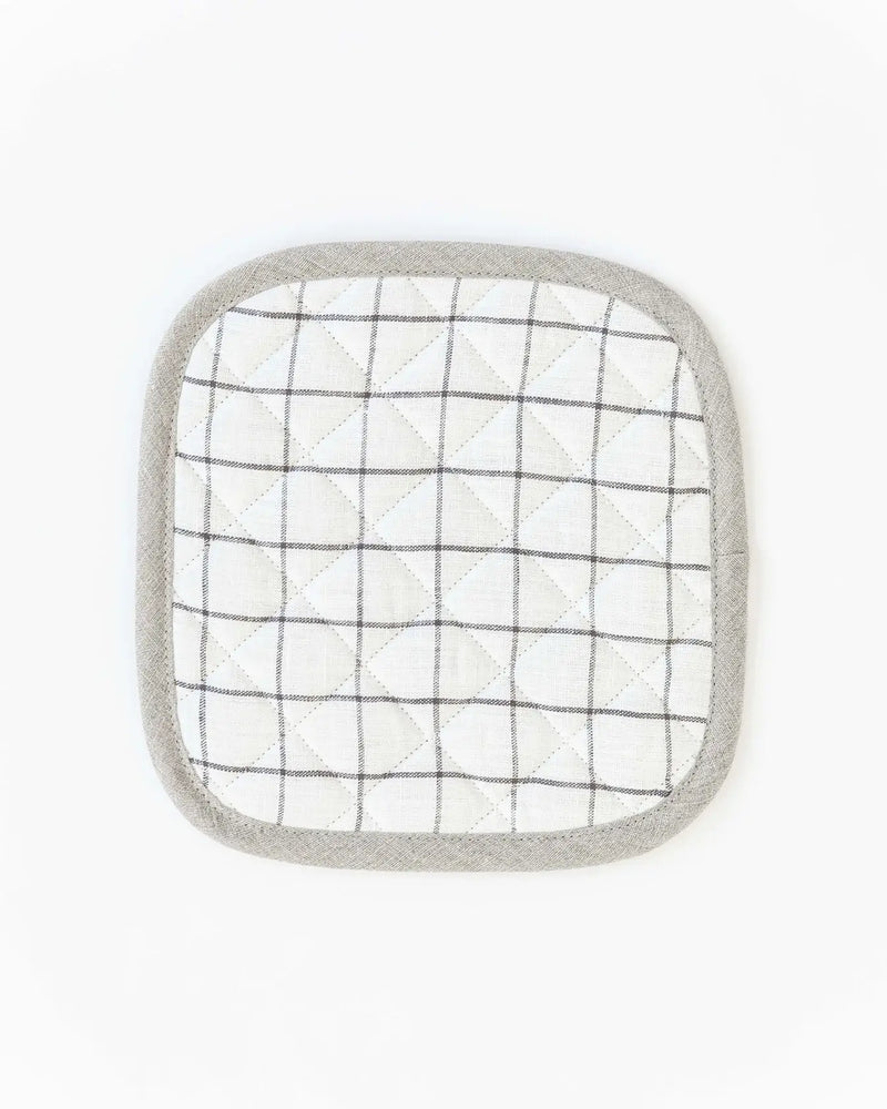 MagicLinen - Linen pot-holder, white and black plaid design, quilted with heat-insulating padding, includes hanging loop, 8x8, ideal for stylish kitchen use.