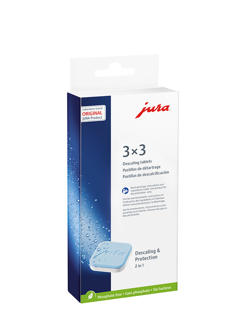 Jura two-phase descaling tablets 66281, nine-tablet box containing three packs of three