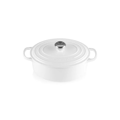 Le Creuset Signature Oval Dutch Oven, 8 QT, White, featuring a lid and side handles, ideal for braising and stews, showcased by Athens Cooks.