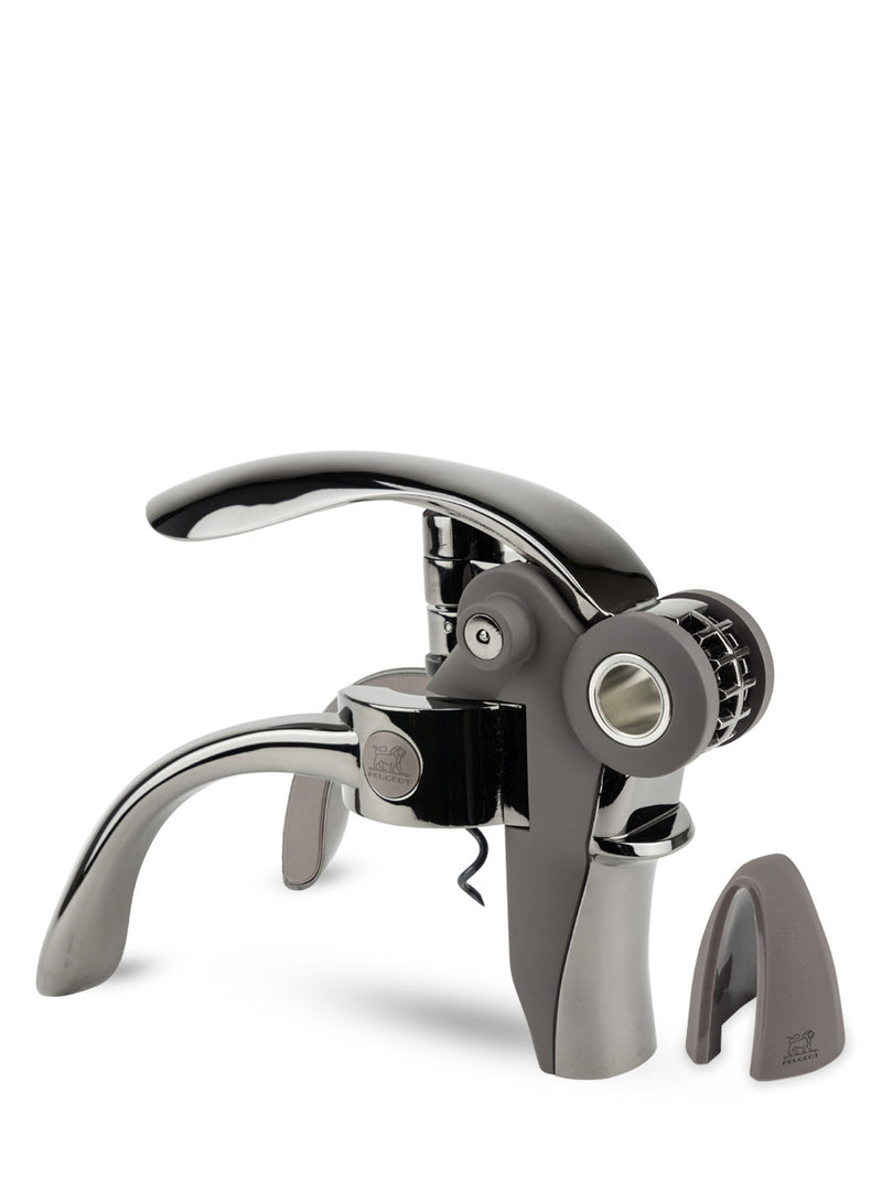 Peugeot | Baltaz Lever Corkscrew with Foil Cutter, Basalt, featuring a lever mechanism and matching foil cutter for effortless wine bottle opening.