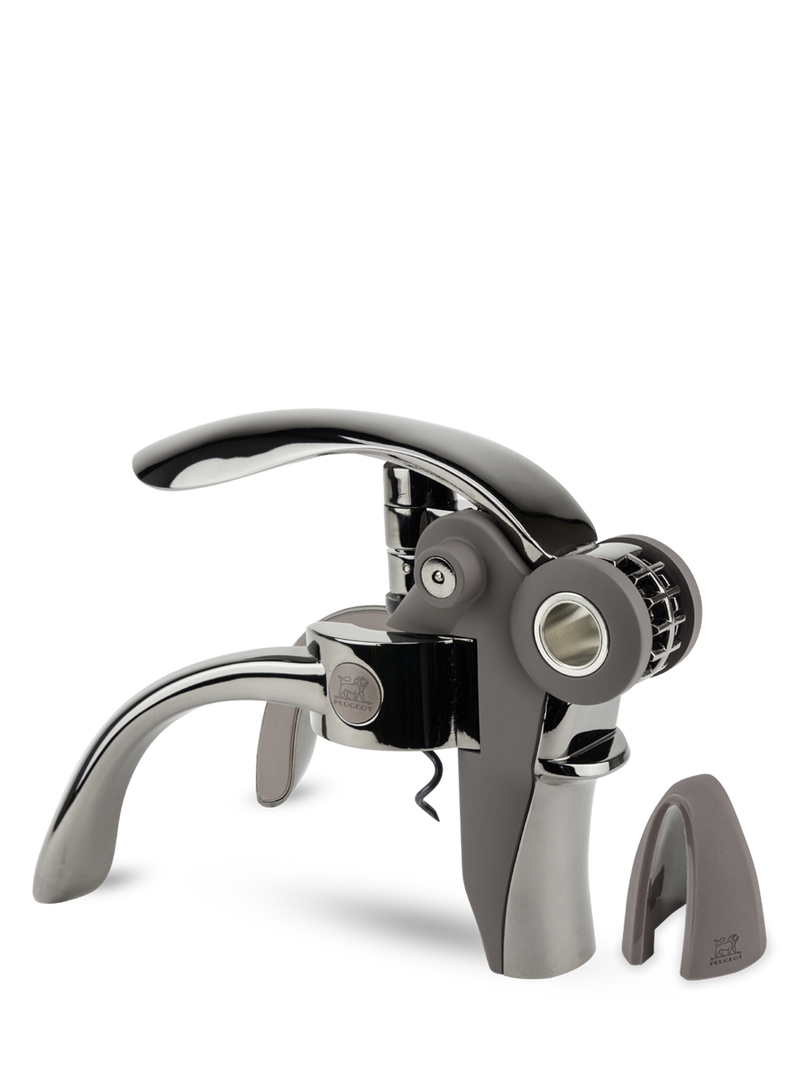 Peugeot | Baltaz Lever Corkscrew with Foil Cutter, Basalt, featuring a chrome-and-gray design, offers a smooth cork extraction and foil slicing experience.