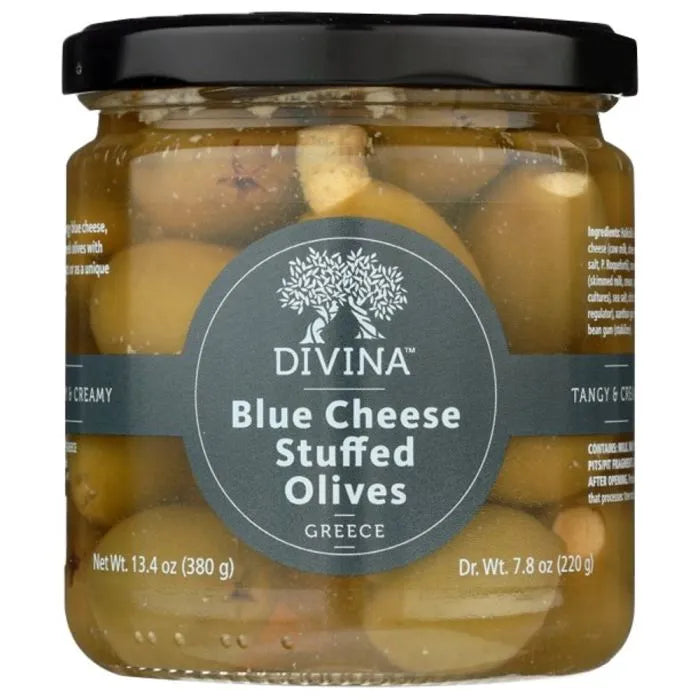 Divina | Blue Cheese Stuffed Olives in a 13.4 oz glass jar, showcasing handpicked Greek Halkidiki olives brined and stuffed with rich blue cheese.