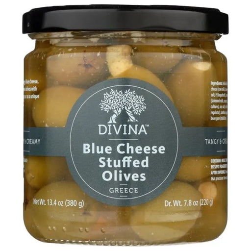 Divina | Blue Cheese Stuffed Olives in a 13.4 oz glass jar, showcasing handpicked Greek Halkidiki olives brined and stuffed with rich blue cheese.