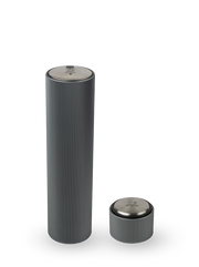 Peugeot | Line Reverse Corkscrew, Carbon, showcased with sleek salt and pepper mills, featuring a matte grey ribbed finish and stainless-steel caps embossed with the Peugeot logo.