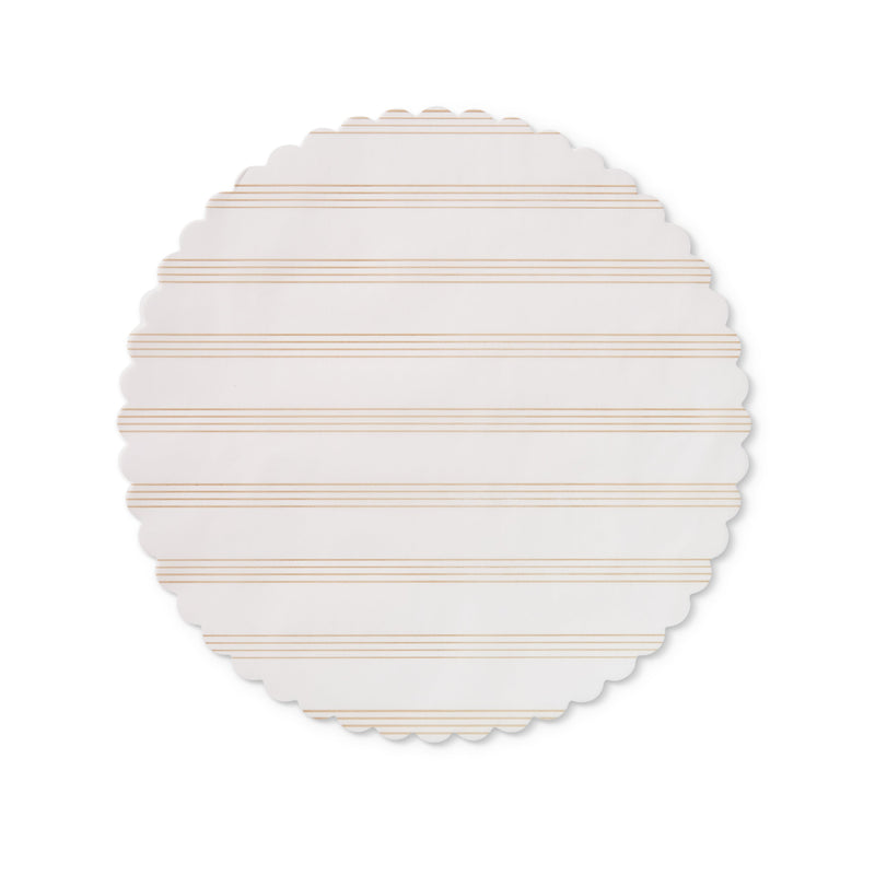 Sandy Stripes Original Flat Plate Liners featuring white and orange stripes, ideal for enhancing table settings with a touch of elegance.