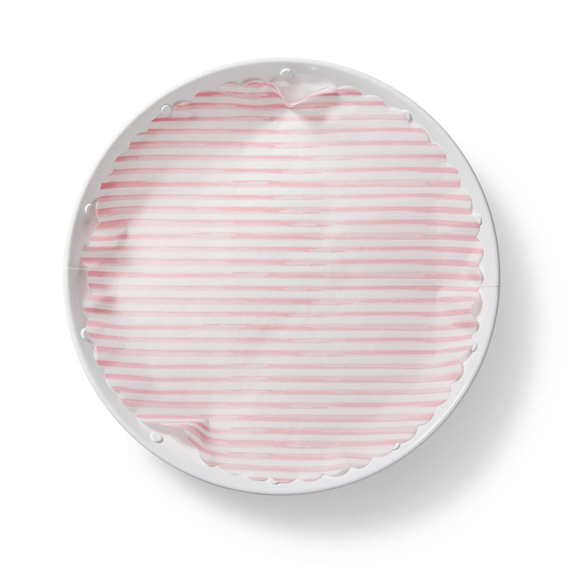 Plate & Pattern 'Pink Me Up' Original Flate Plate Liners displayed on a white plate, showcasing a pink and white striped design.
