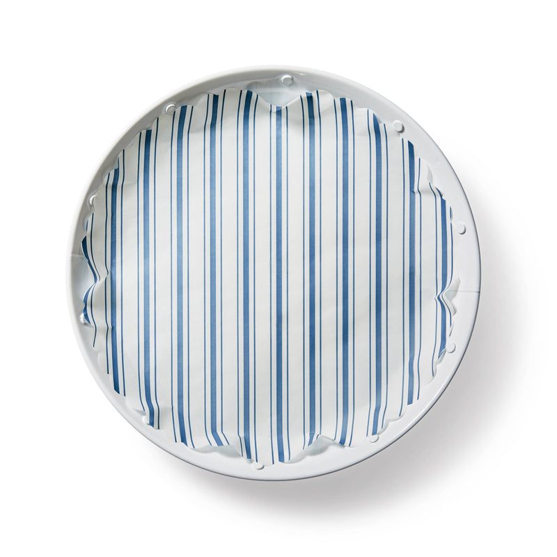 Seascape Blue Original Flat Plate Liners featuring a subtle blue and white striped cloth, suitable for elegant kitchen and dining settings from Athens Cooks.