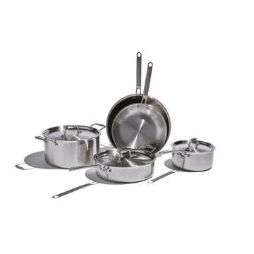 Heritage Steel | Eater 8 Piece Core Set featuring a stockpot, saucepans, sauté pan, and skillets, all with lids and long handles for professional-quality cooking.