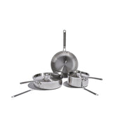 Heritage Steel | Eater 5 Piece Essentials Set featuring a 10.5 fry pan, 3 quart saucepan with lid, and 4 quart sauté pan with lid.