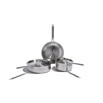 Heritage Steel | Eater 5 Piece Essentials Set featuring a 10.5 fry pan, 3 quart saucepan with lid, and 4 quart sauté pan with lid.