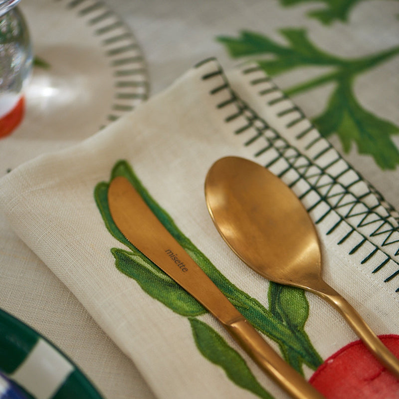 Misette | Still Life Embroidered Linen Napkins in Green, Set of 4