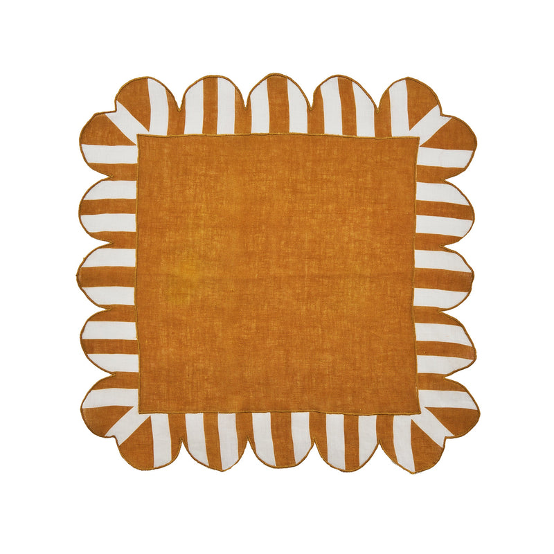 Misette | Jardin Embroidered Linen Scalloped Stripe Napkins with Color Backing in Amber, Set of 4