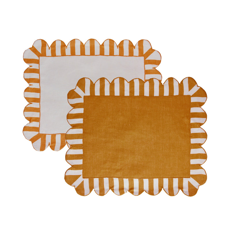 Misette | Jardin Embroidered Linen Scalloped Stripe Double-Sided Placemats in Amber, Set of 4