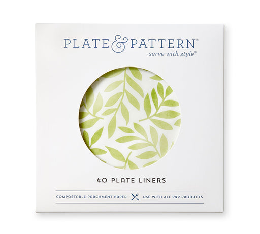 White box with circular cut-out showcasing 'Mom's Garden' Pre-Formed Plate Liners, featuring a leafy design, from Athens Cooks kitchen store.
