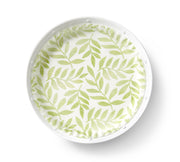 Plate & Pattern | 'Mom's Garden' Pre-Formed Plate Liners featuring green leaf designs on a white ceramic plate, ideal for enhancing dining presentation.
