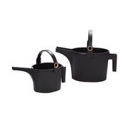 Hachiman | Garden Beetle, Large Black: Two rib-textured buckets with spouts and swing handles, designed for efficient watering and compact storage.